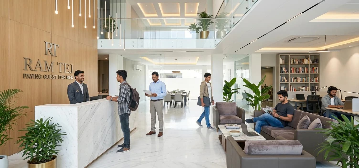 Bright reception and shared spaces at Ram Tej Paying Guest for Men
